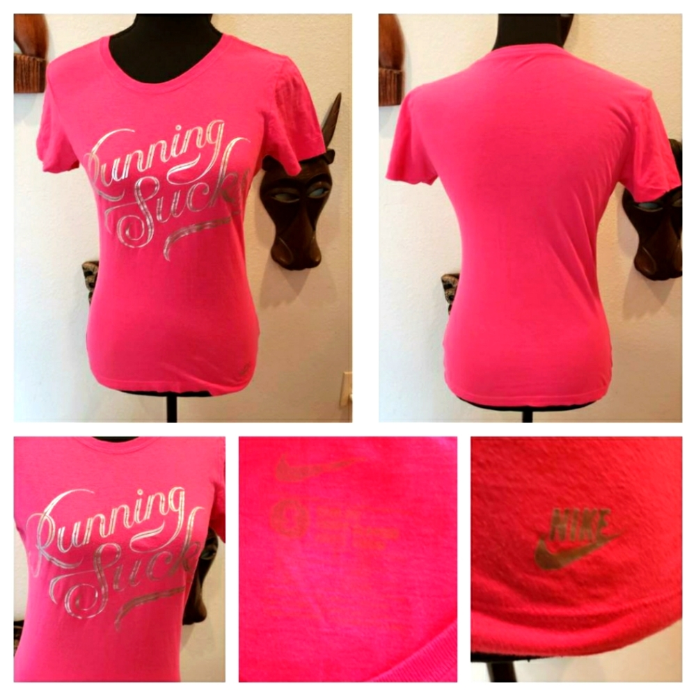 "Running Sucks" Womens Fitted Hot Pink & Silver Tee